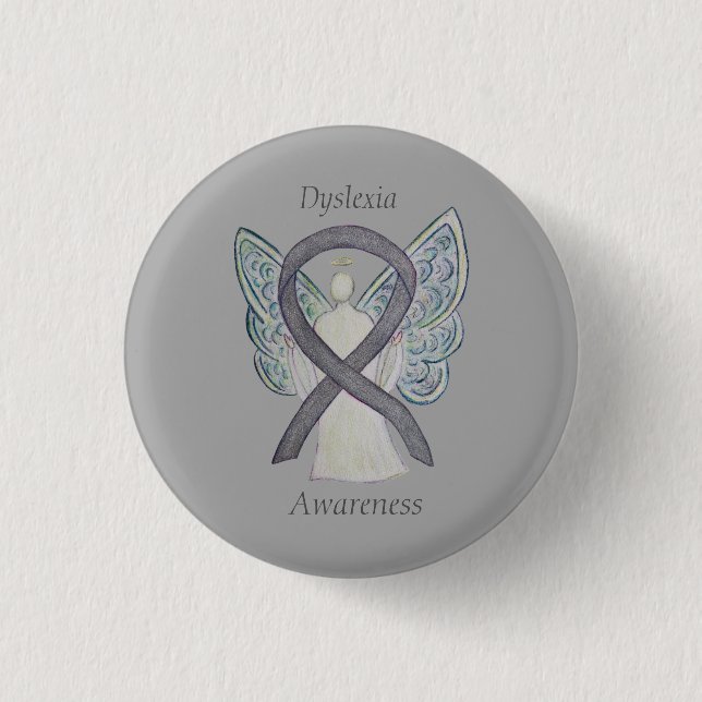 Dyslexia Silver Awareness Ribbon Angel Custom Pin (Front)