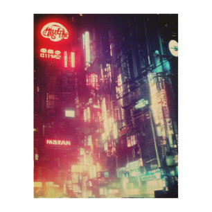 Dystopian Cyberpunk City Wood Wall Art