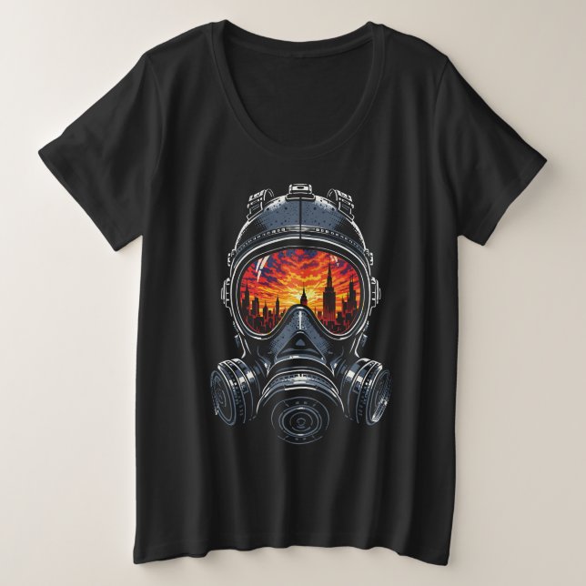 Dystopian Mask Urban Sunset Reflection Plus Size T-Shirt (Design Front)