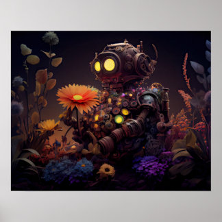 Dystopian Robot with Orange Flower Poster