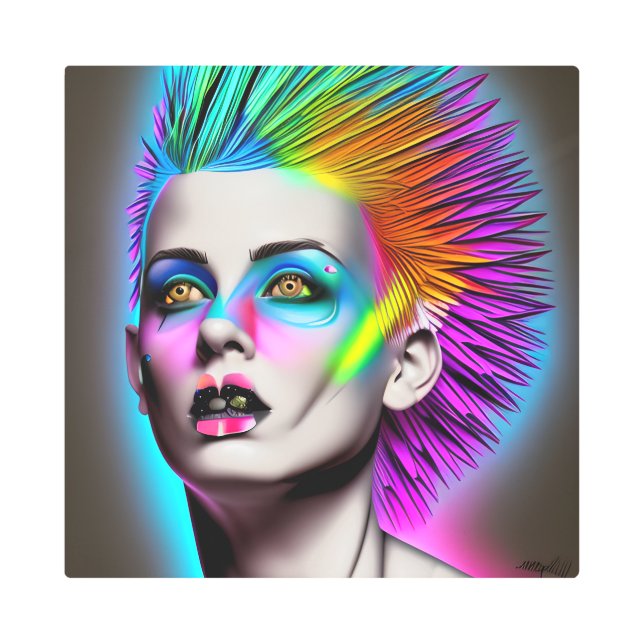 Dystopian Woman in Rainbow Mohawk Abstract Modern  Metal Print (Front)