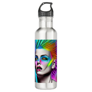 Dystopian Woman in Rainbow Mohawk Abstract Modern Stainless Steel Water Bottle