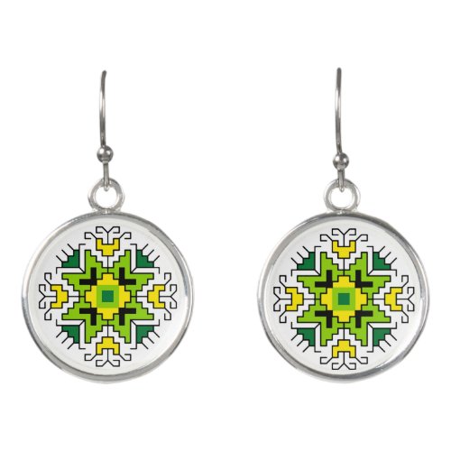 E0014 Earrings Bulgarian folk motif shevitsa green
