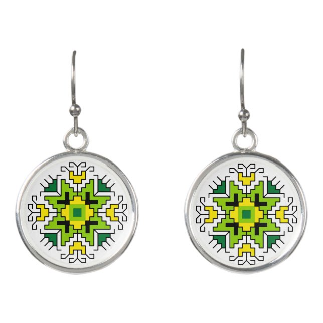 E0014 Earrings Bulgarian folk motif shevitsa green (Front)