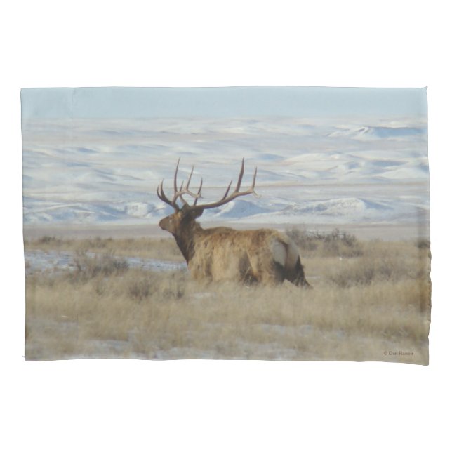 E22 Bull Elk and Snowy Hills Pillow Case (Front)