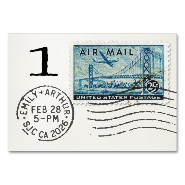 E&A Wedding Reception Table Card 1 Air Mail Stamp (Back)