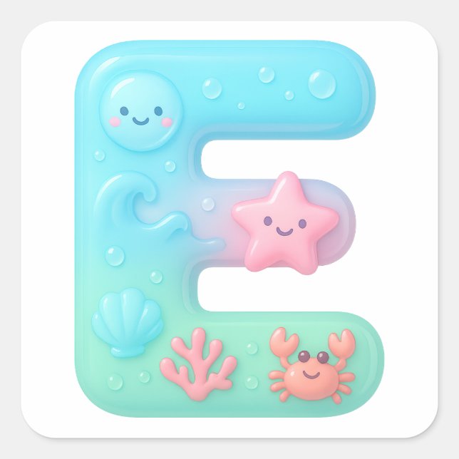 "E" Cute Bubble Letter - Underwater Sea Creature A Square Sticker (Front)