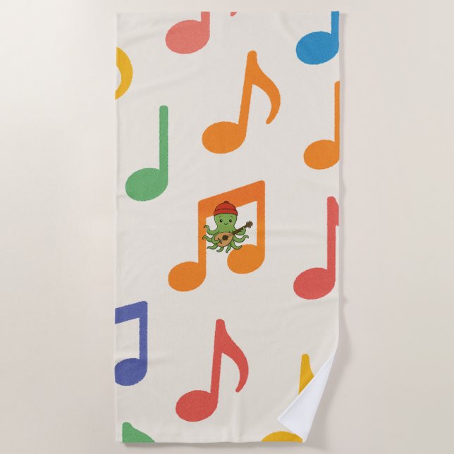 e: Cute Green Octopus Playing Oud with Red Hat Beach Towel (Front)