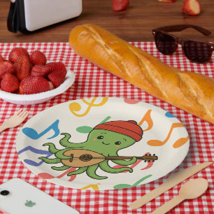 e: Cute Green Octopus Playing Oud with Red Hat Paper Plates