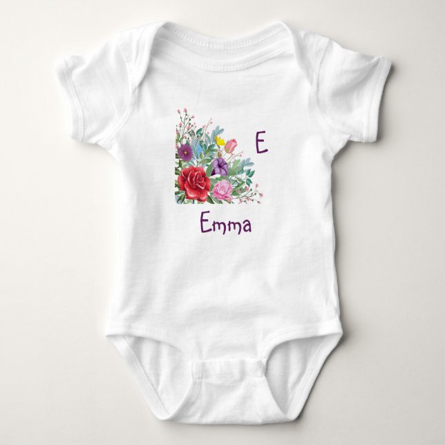 E Emma Personalize Letter Name, Rose Flowers Baby Bodysuit (Front)