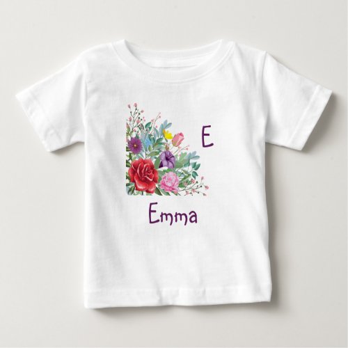 E Emma Personalize Letter Name Rose Flowers Baby T_Shirt