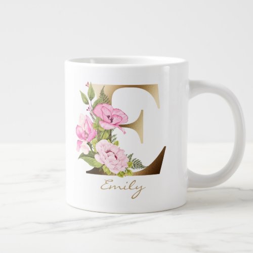 E Letter Gold Monogram  Pink Floral Arrangement Giant Coffee Mug