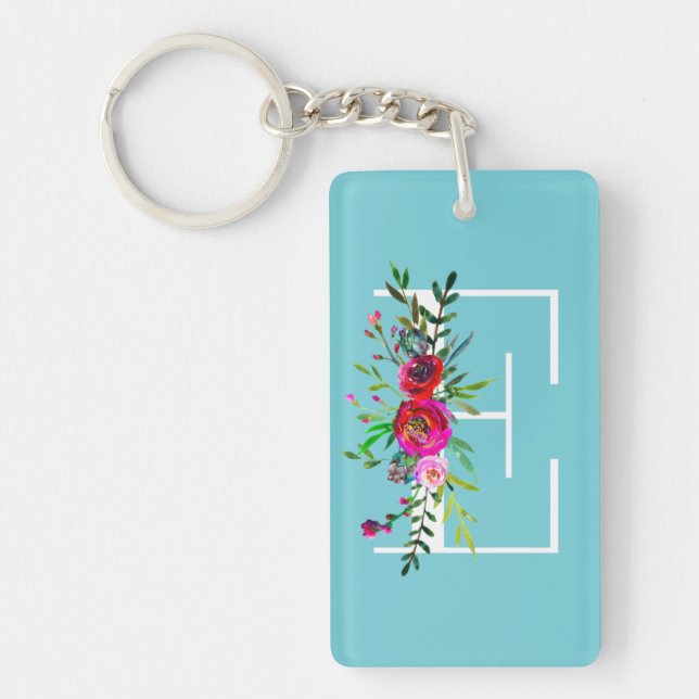 E Letter Initial Monogram Floral Custom Color Keychain (Front)