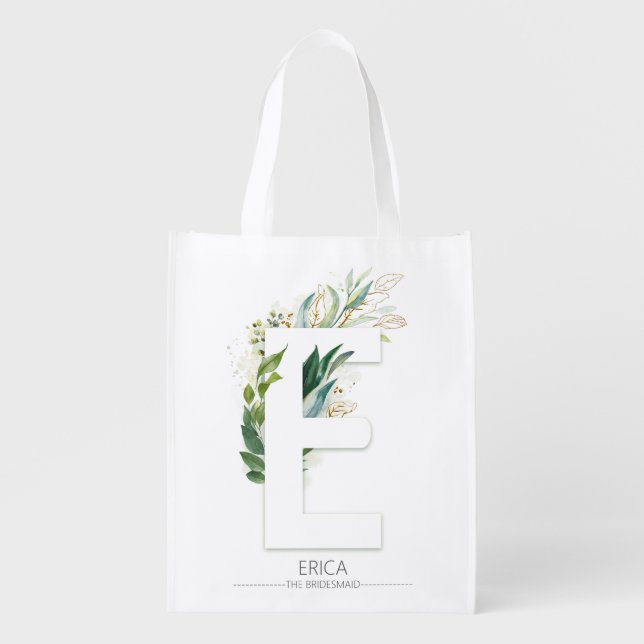 E Letter Monogram Elegant Gold Greenery Foliage Grocery Bag (Front)