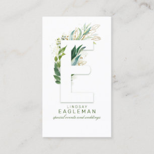 E Letter Monogram Gold Greenery Leaves Elegant Business Card