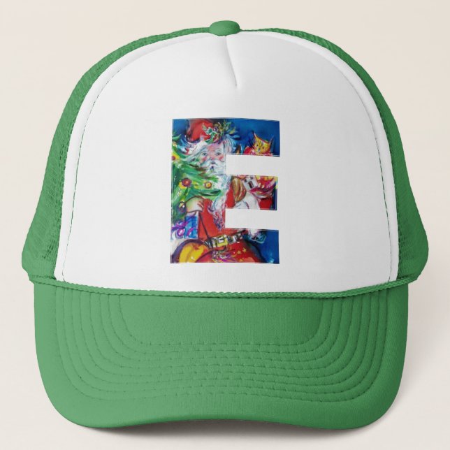 E LETTER / SANTA WITH CHRISTMAS TREE MONOGRAM TRUCKER HAT (Front)