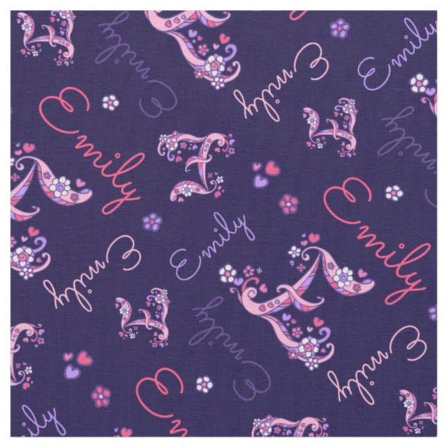 E monogram and personalized name Emily fabric (Close Up)