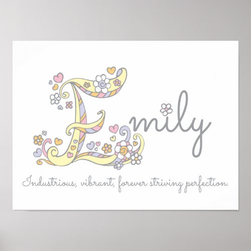 E monogram art Emily girls name meaning poster