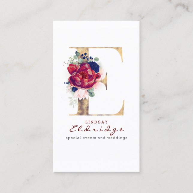 E Monogram Burgundy Gold and Navy Blue Floral Business Card (Front)