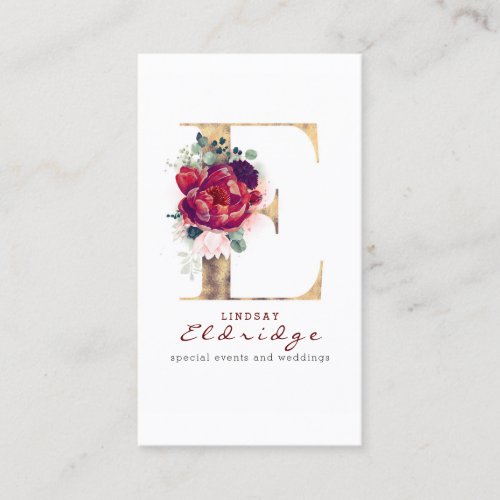 E Monogram Burgundy Red Flowers and Faux Gold Business Card