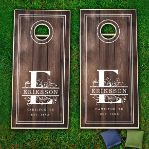 E Monogram Family Name Farm Wood Cornhole Set