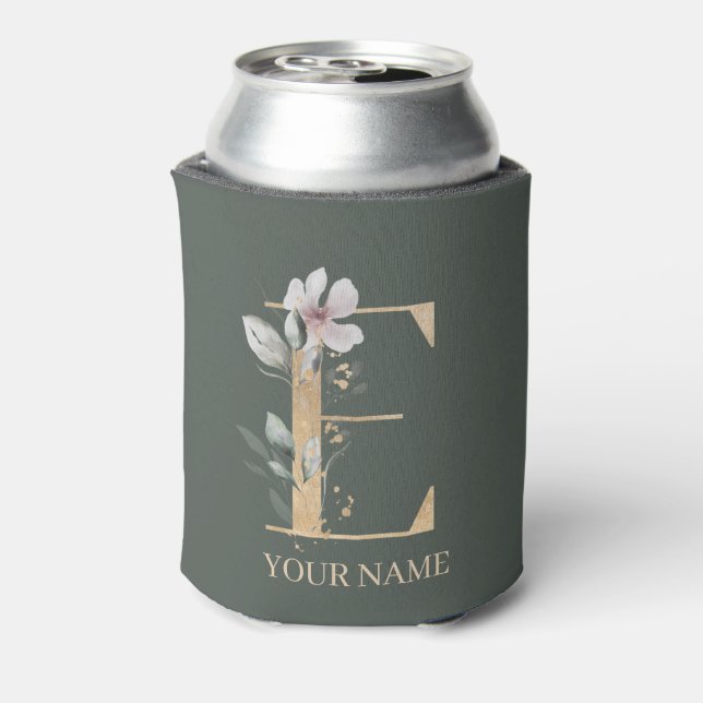 E Monogram Floral Personalized Can Cooler (Can Back)