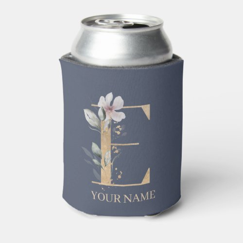 E Monogram Floral Personalized Can Cooler