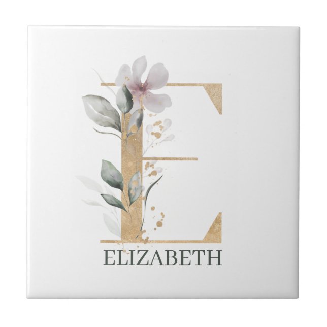 E Monogram Floral Personalized Ceramic Tile (Front)
