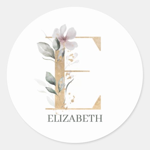 E Monogram Floral Personalized Classic Round Stick Classic Round Sticker