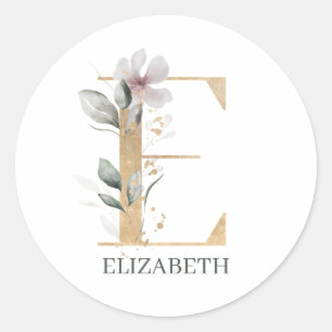 E Monogram Floral Personalized Classic Round Stick Sticker