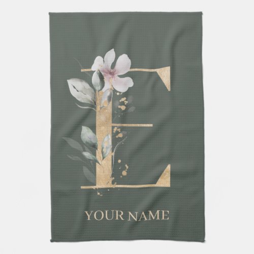 E Monogram Floral Personalized Kitchen Towel