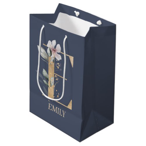 E Monogram Floral Personalized Medium Gift Bag