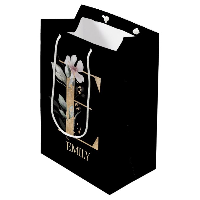 E Monogram Floral Personalized Medium Gift Bag (Front Angled)