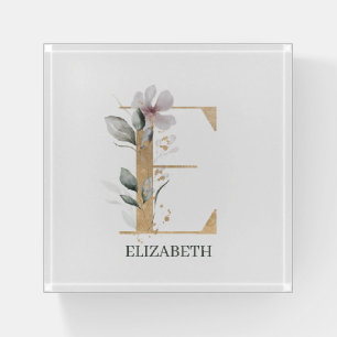 E Monogram Floral Personalized Paperweight