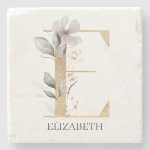 E Monogram Floral Personalized Stone Coaster