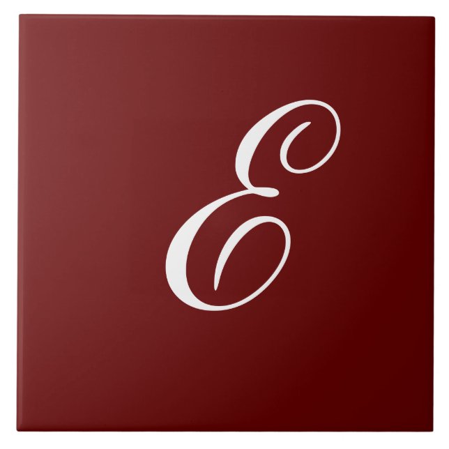 E Monogram Initial White on Maroon Ceramic Tile