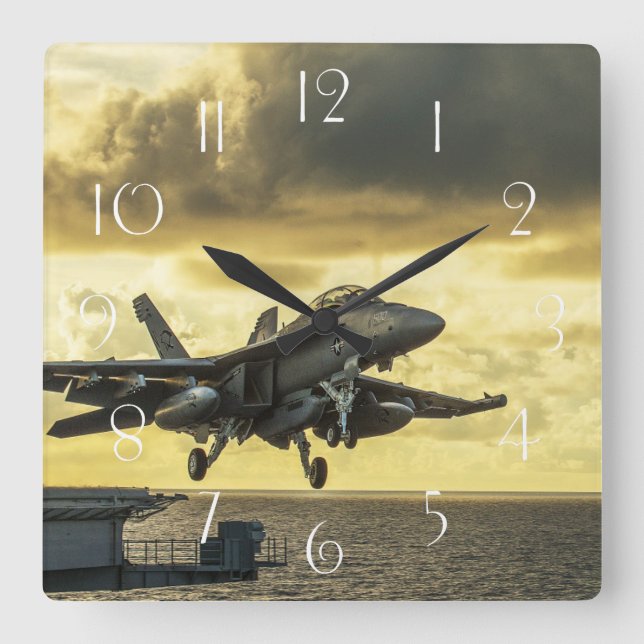 Ea18g growler fighter jet launching off carrier square wall clock (Front)