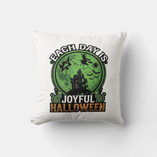 Each Day Joyful Halloween Haunted House Witch Cat Throw Pillow