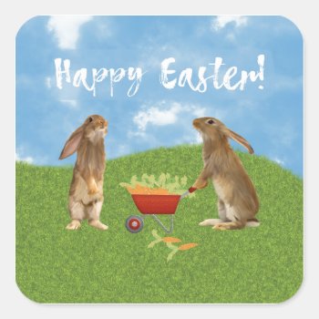 Eager Bunny Rabbit With Wheelbarrow Of Carrots Square Sticker by toots1 at Zazzle