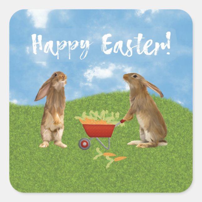 Eager Bunny Rabbit with Wheelbarrow of Carrots Square Sticker (Front)