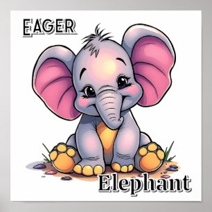 Eager Elephant Cute Cartoon Kid's Nursery Art Poster