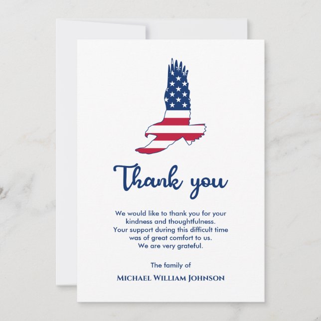 Eagle American Flag Army Veteran Military Funeral Thank You Card (Front)