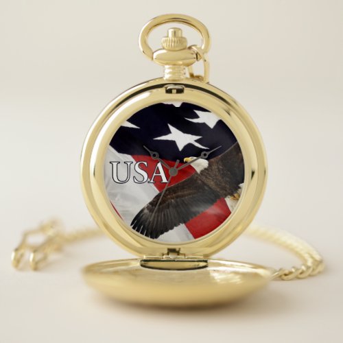 Eagle and American Flag USA Pocket Watch