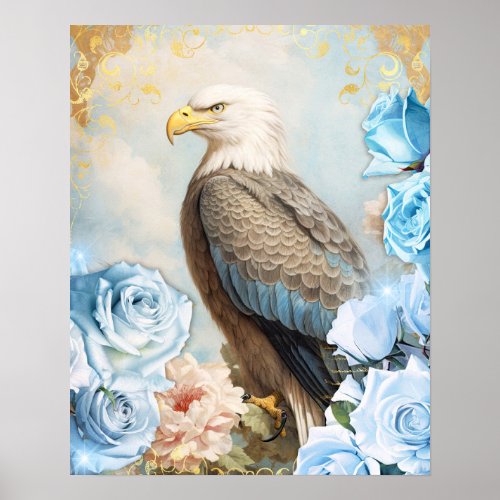Eagle and Blue Roses Poster