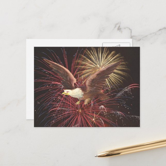 Eagle and Fireworks Background Postcard (Front/Back In Situ)