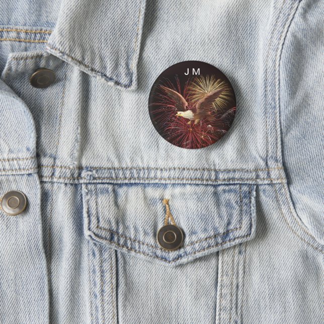 Eagle and Fireworks Custom Monogram Pin-Back Button (In Situ)