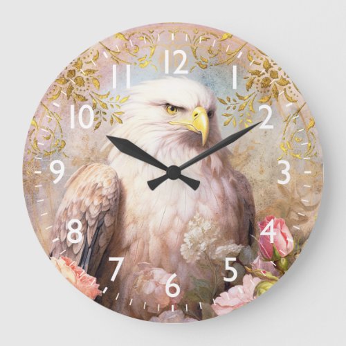 Eagle and Gold Floral Damask Large Clock