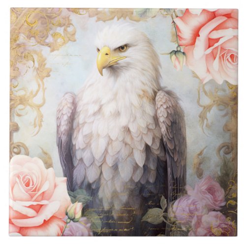 Eagle and Pink Roses Ceramic Tile