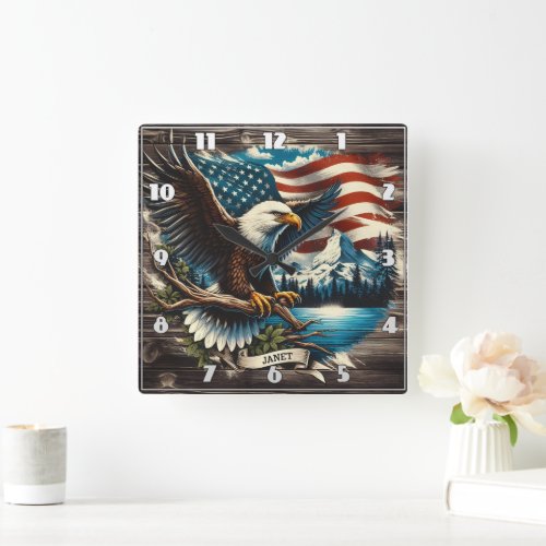 Eagle by American Flag Square Wall Clock