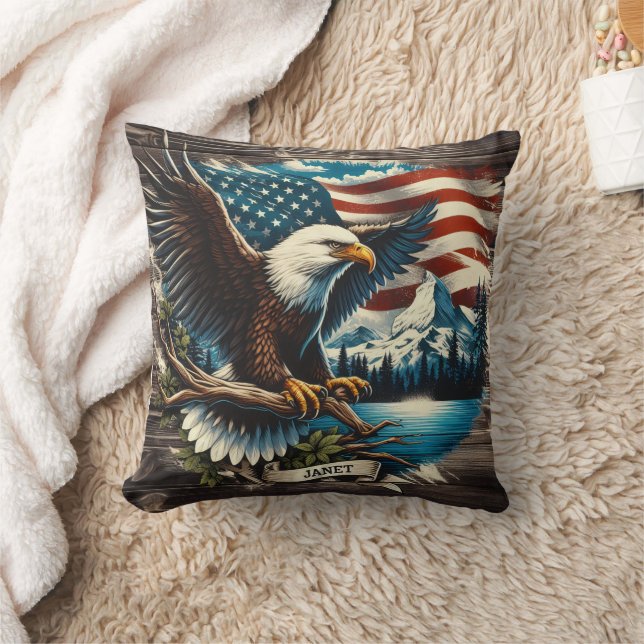 Eagle by American Flag Throw Pillow (Blanket)